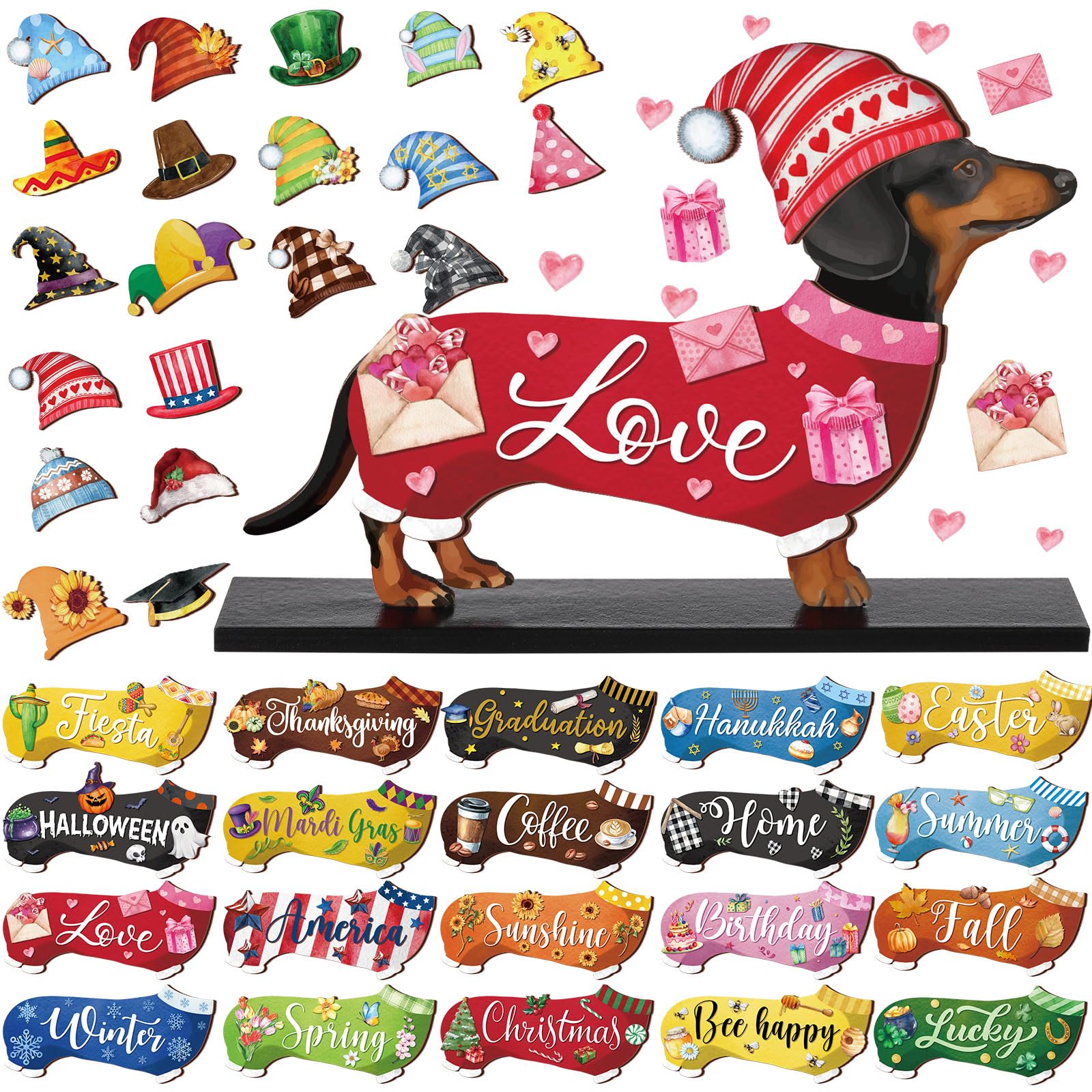 Anglechic 42 Pcs Valentines Day Dachshund Interchangeable Seasonal Sign Replaceable Holiday Tiered Tray Decor Set Farmhouse Rustic Wood Home Office Desk Accessory Welcome Ornaments Birthday Gifts