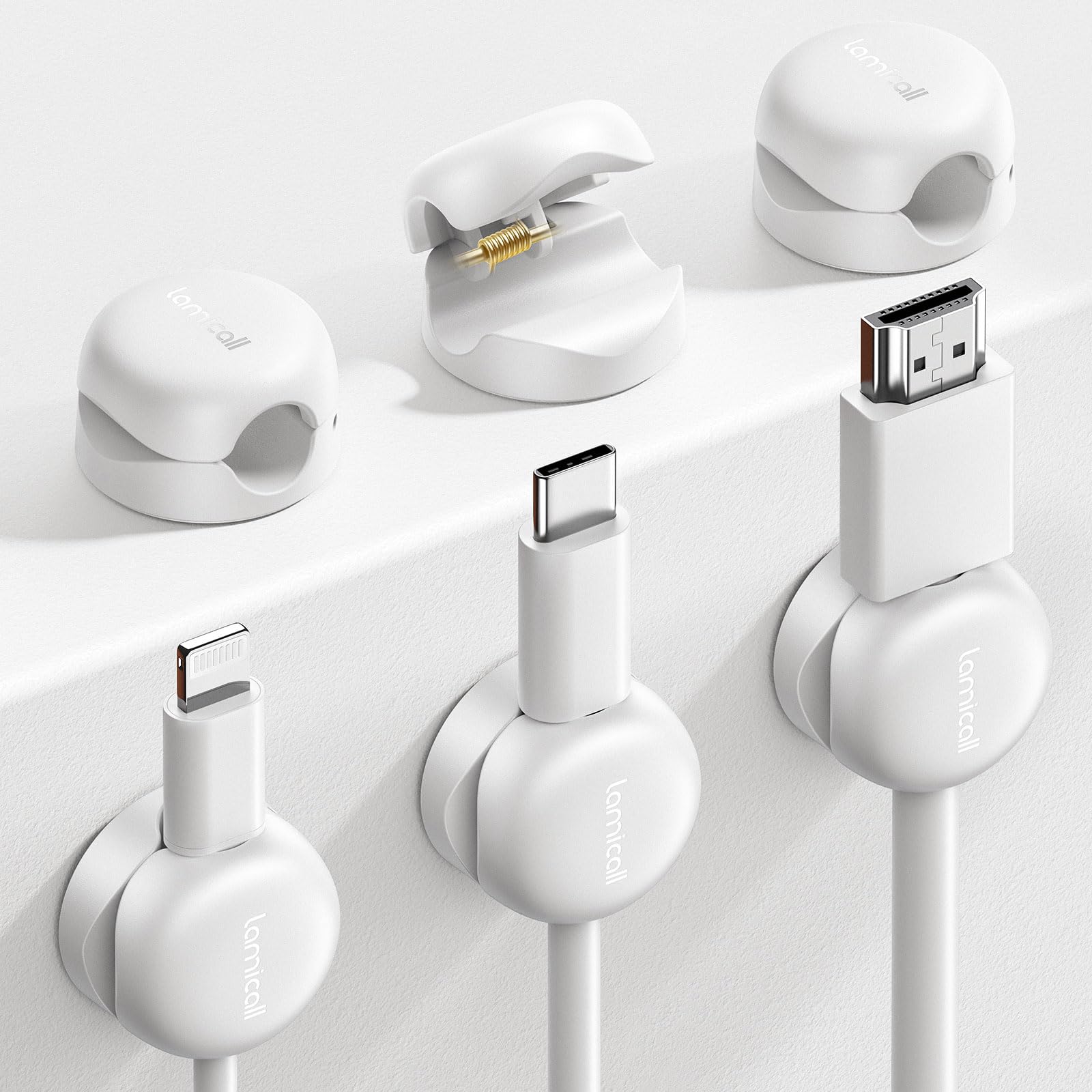 Lamicall Cord Organizer Spring Cable Management Clips - 6Pack Latest Compact Desk Cable Holder Clips Nightstand Phone Charging Cord Holder 8mm Slot Adhesive Wire Organizer Office Accessory White